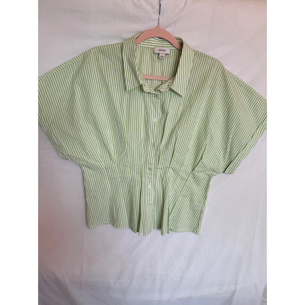 CeCe Womens Green White Striped Smocked Back Cotton Button Up Shirt Large - Picture 1 of 9